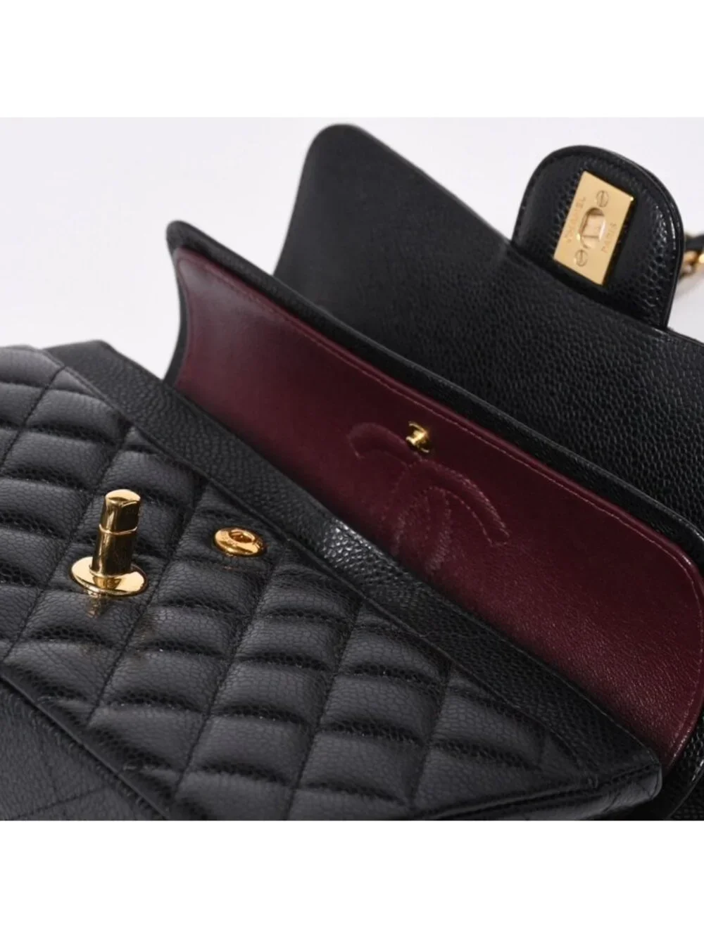 Chanel Quilted 23 Double Flap Chain Shoulder Bag CC Logo Caviar Leather Black